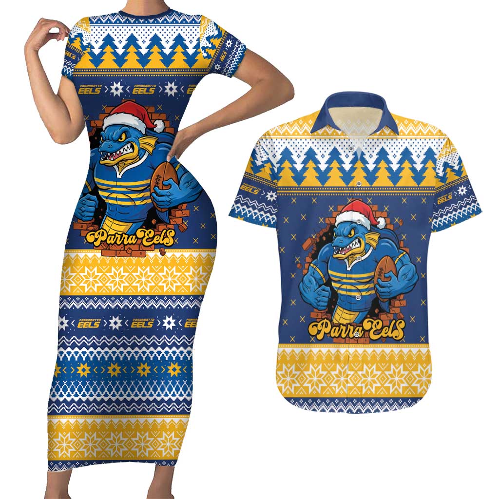 Parramatta Angry Eels Personalized Couples Matching Short Sleeve Bodycon Dress and Hawaiian Shirt Christmas Rugby League Spirit - Aussie Hoodie