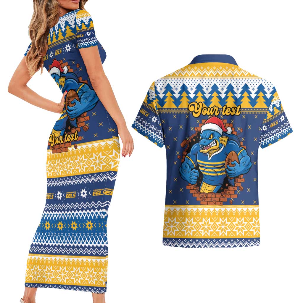 Parramatta Angry Eels Personalized Couples Matching Short Sleeve Bodycon Dress and Hawaiian Shirt Christmas Rugby League Spirit - Aussie Hoodie