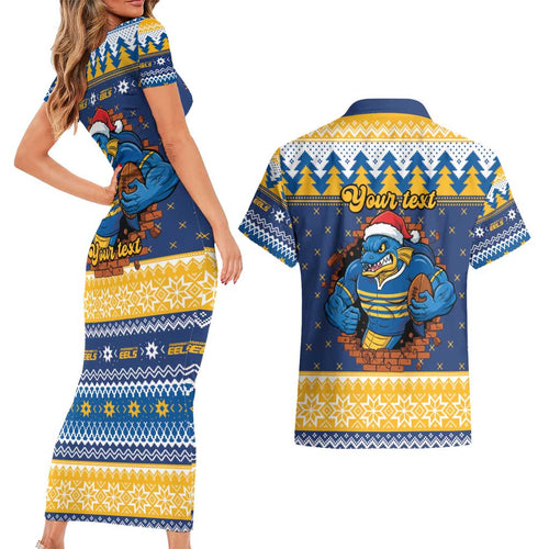 Parramatta Angry Eels Personalized Couples Matching Short Sleeve Bodycon Dress and Hawaiian Shirt Christmas Rugby League Spirit - Aussie Hoodie