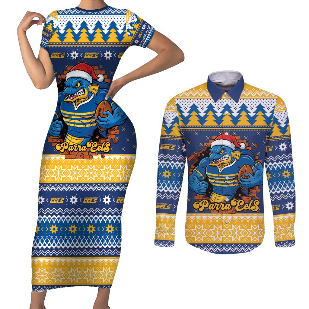Parramatta Angry Eels Personalized Couples Matching Short Sleeve Bodycon Dress and Long Sleeve Button Shirt Christmas Rugby League Spirit - Aussie Hoodie
