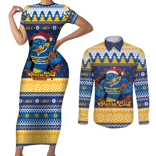 Parramatta Angry Eels Personalized Couples Matching Short Sleeve Bodycon Dress and Long Sleeve Button Shirt Christmas Rugby League Spirit - Aussie Hoodie