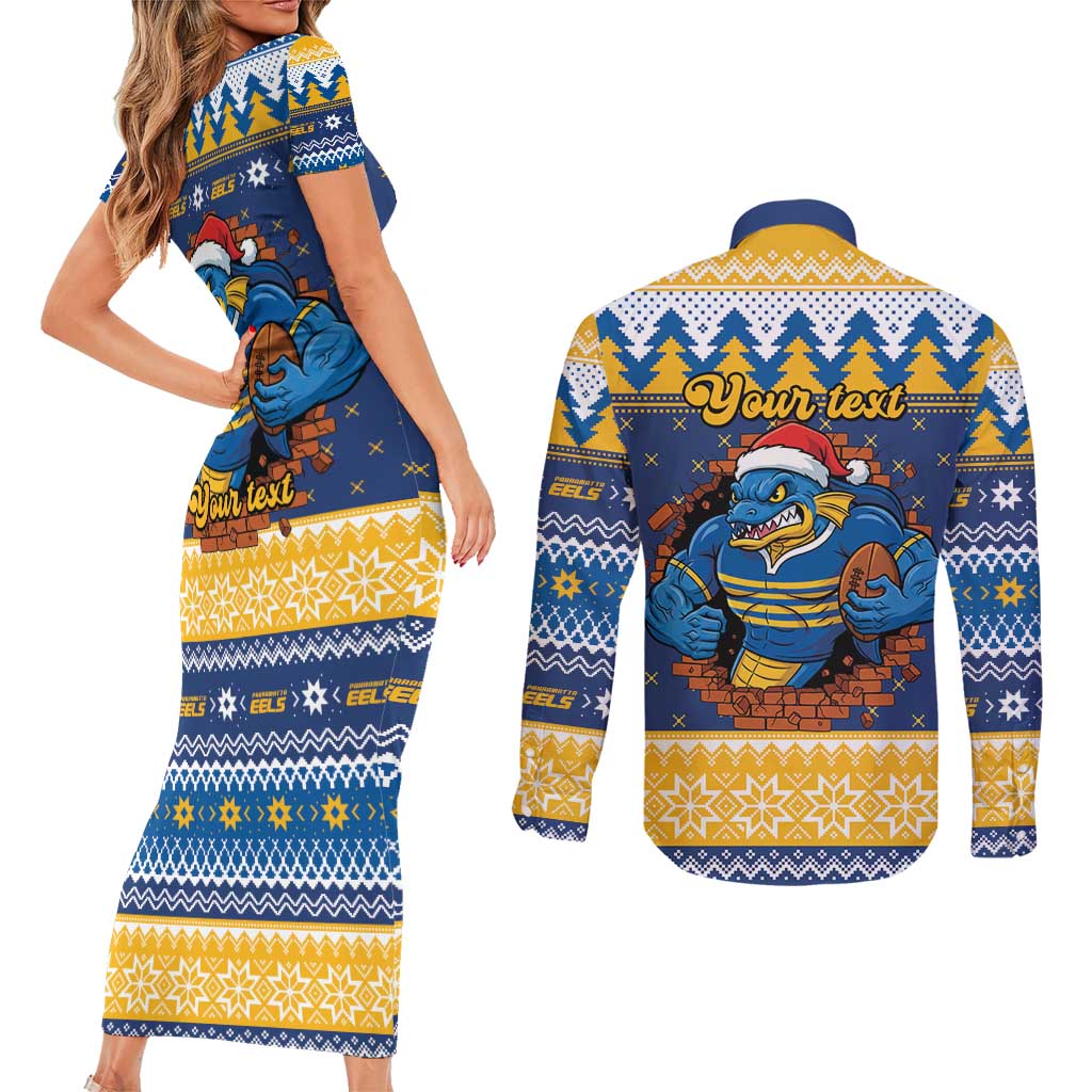 Parramatta Angry Eels Personalized Couples Matching Short Sleeve Bodycon Dress and Long Sleeve Button Shirt Christmas Rugby League Spirit - Aussie Hoodie