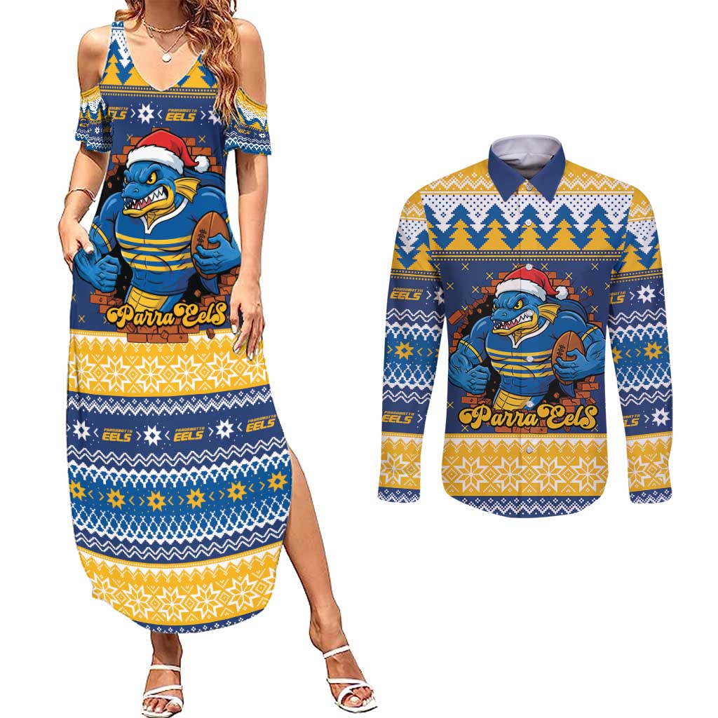 Parramatta Angry Eels Personalized Couples Matching Summer Maxi Dress and Long Sleeve Button Shirt Christmas Rugby League Spirit - Aussie Hoodie