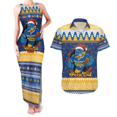 Parramatta Angry Eels Personalized Couples Matching Tank Maxi Dress and Hawaiian Shirt Christmas Rugby League Spirit - Aussie Hoodie