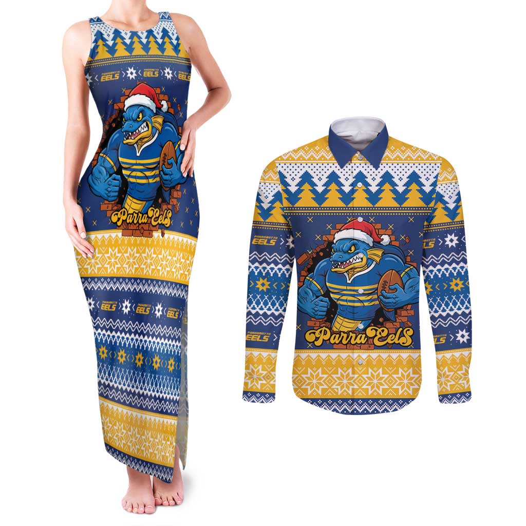 Parramatta Angry Eels Personalized Couples Matching Tank Maxi Dress and Long Sleeve Button Shirt Christmas Rugby League Spirit - Aussie Hoodie