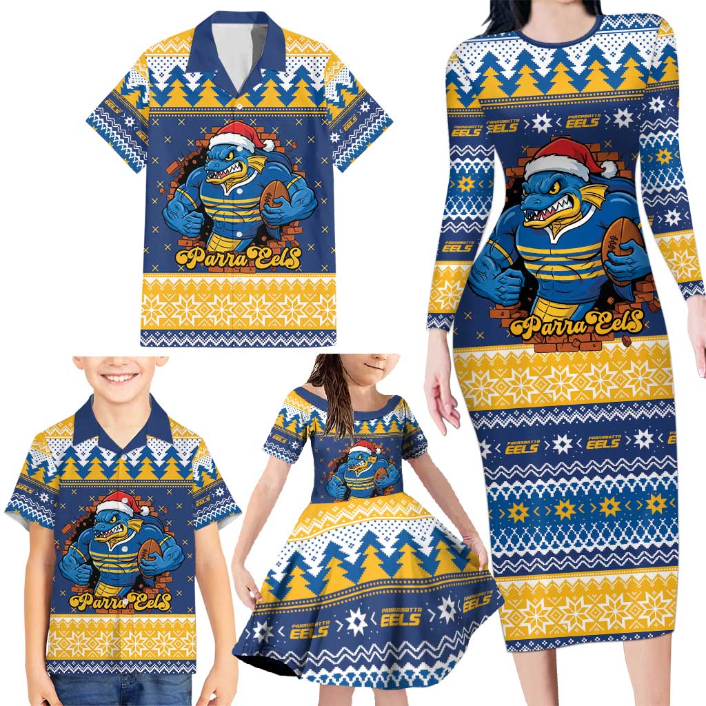 Parramatta Angry Eels Personalized Family Matching Long Sleeve Bodycon Dress and Hawaiian Shirt Christmas Rugby League Spirit - Aussie Hoodie