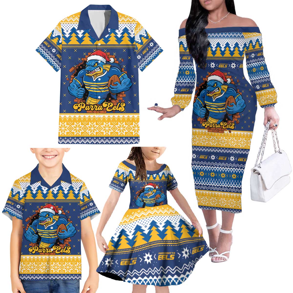 Parramatta Angry Eels Personalized Family Matching Off The Shoulder Long Sleeve Dress and Hawaiian Shirt Christmas Rugby League Spirit - Aussie Hoodie