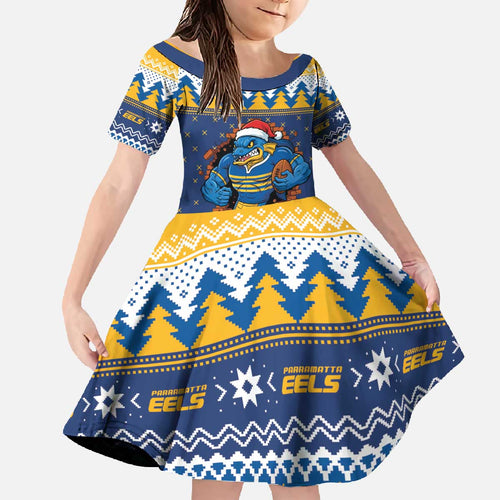 Parramatta Angry Eels Personalized Family Matching Off The Shoulder Long Sleeve Dress and Hawaiian Shirt Christmas Rugby League Spirit - Aussie Hoodie