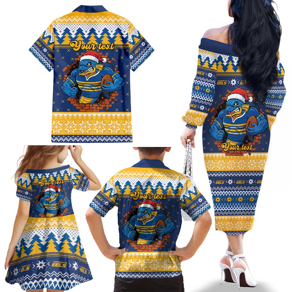 Parramatta Angry Eels Personalized Family Matching Off The Shoulder Long Sleeve Dress and Hawaiian Shirt Christmas Rugby League Spirit - Aussie Hoodie