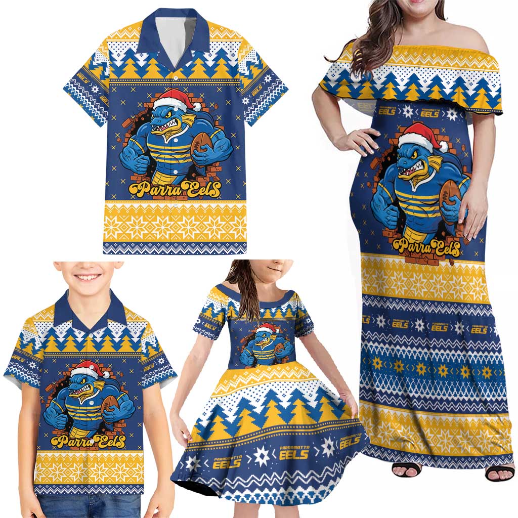 Parramatta Angry Eels Personalized Family Matching Off Shoulder Maxi Dress and Hawaiian Shirt Christmas Rugby League Spirit - Aussie Hoodie