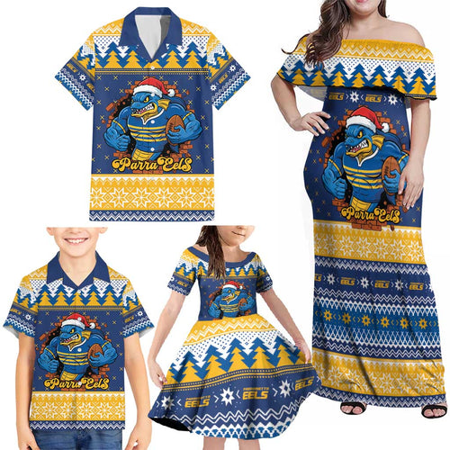 Parramatta Angry Eels Personalized Family Matching Off Shoulder Maxi Dress and Hawaiian Shirt Christmas Rugby League Spirit - Aussie Hoodie