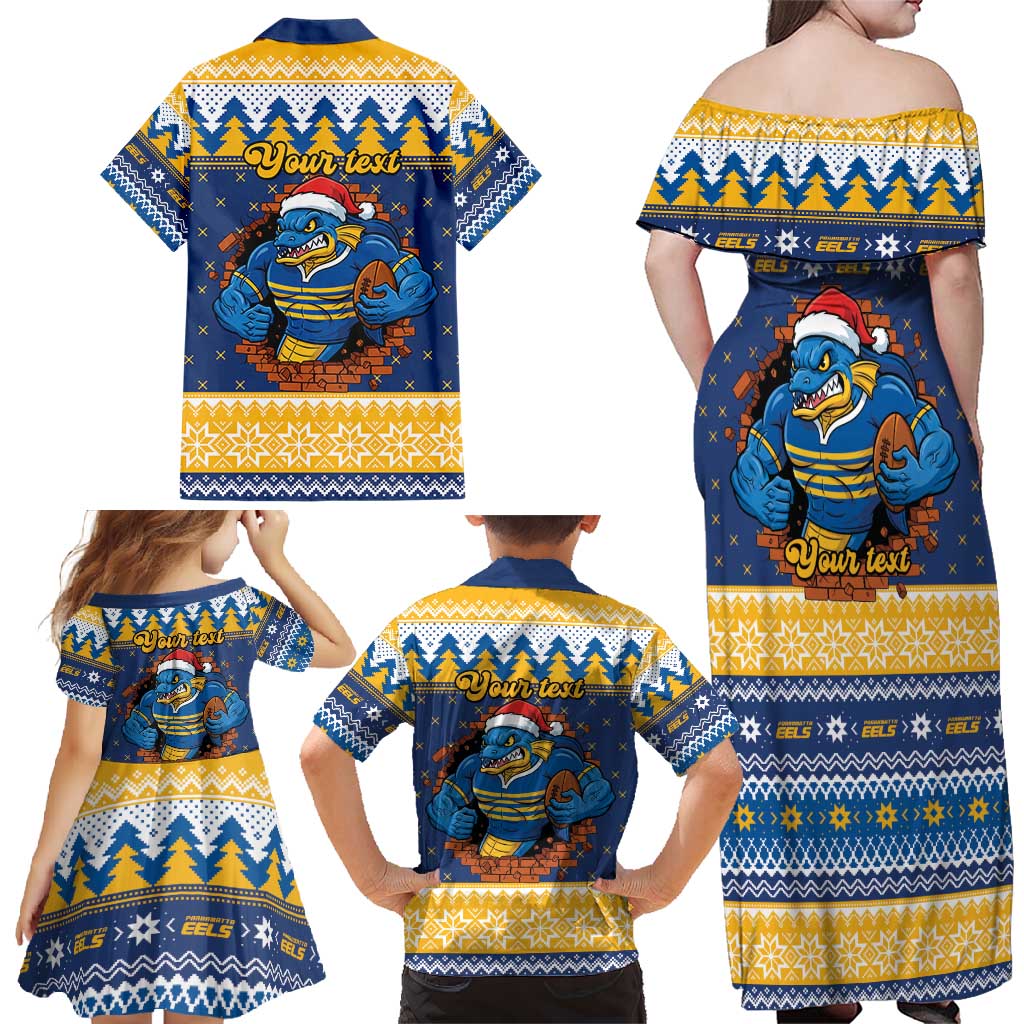 Parramatta Angry Eels Personalized Family Matching Off Shoulder Maxi Dress and Hawaiian Shirt Christmas Rugby League Spirit - Aussie Hoodie