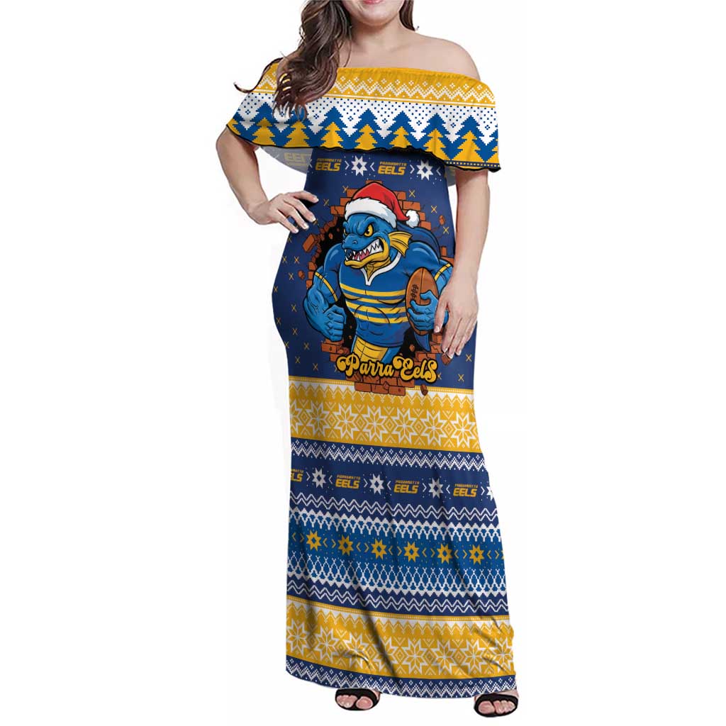 Parramatta Angry Eels Personalized Family Matching Off Shoulder Maxi Dress and Hawaiian Shirt Christmas Rugby League Spirit - Aussie Hoodie