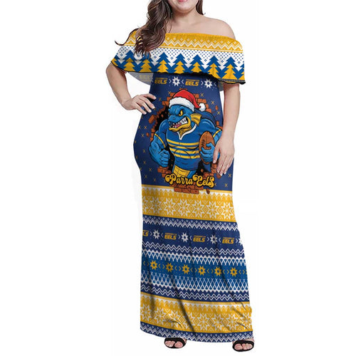 Parramatta Angry Eels Personalized Family Matching Off Shoulder Maxi Dress and Hawaiian Shirt Christmas Rugby League Spirit - Aussie Hoodie