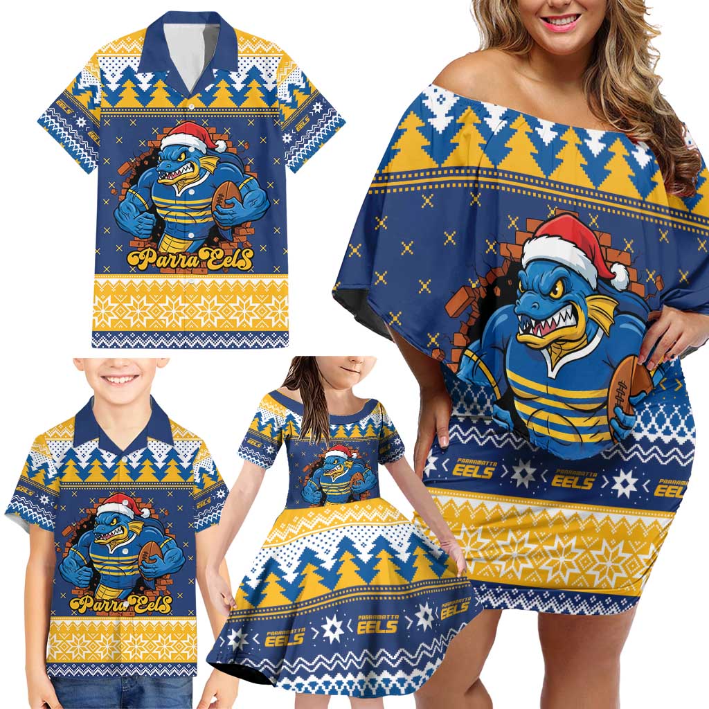 Parramatta Angry Eels Personalized Family Matching Off Shoulder Short Dress and Hawaiian Shirt Christmas Rugby League Spirit - Aussie Hoodie
