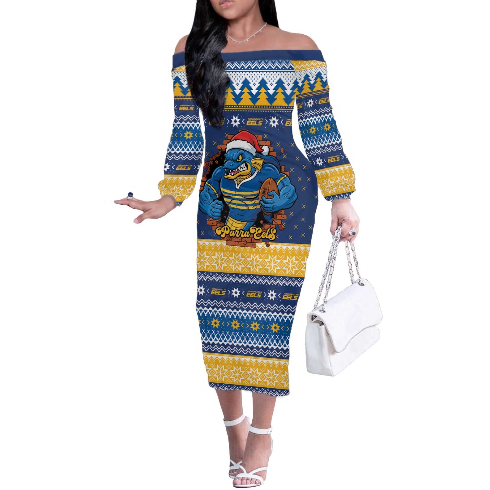 Parramatta Angry Eels Personalized Off The Shoulder Long Sleeve Dress Christmas Rugby League Spirit - Aussie Hoodie