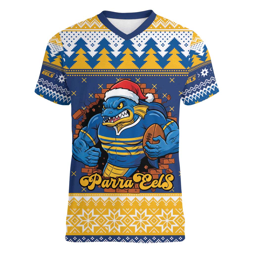 Parramatta Angry Eels Personalized Women V-Neck T-Shirt Christmas Rugby League Spirit - Aussie Hoodie