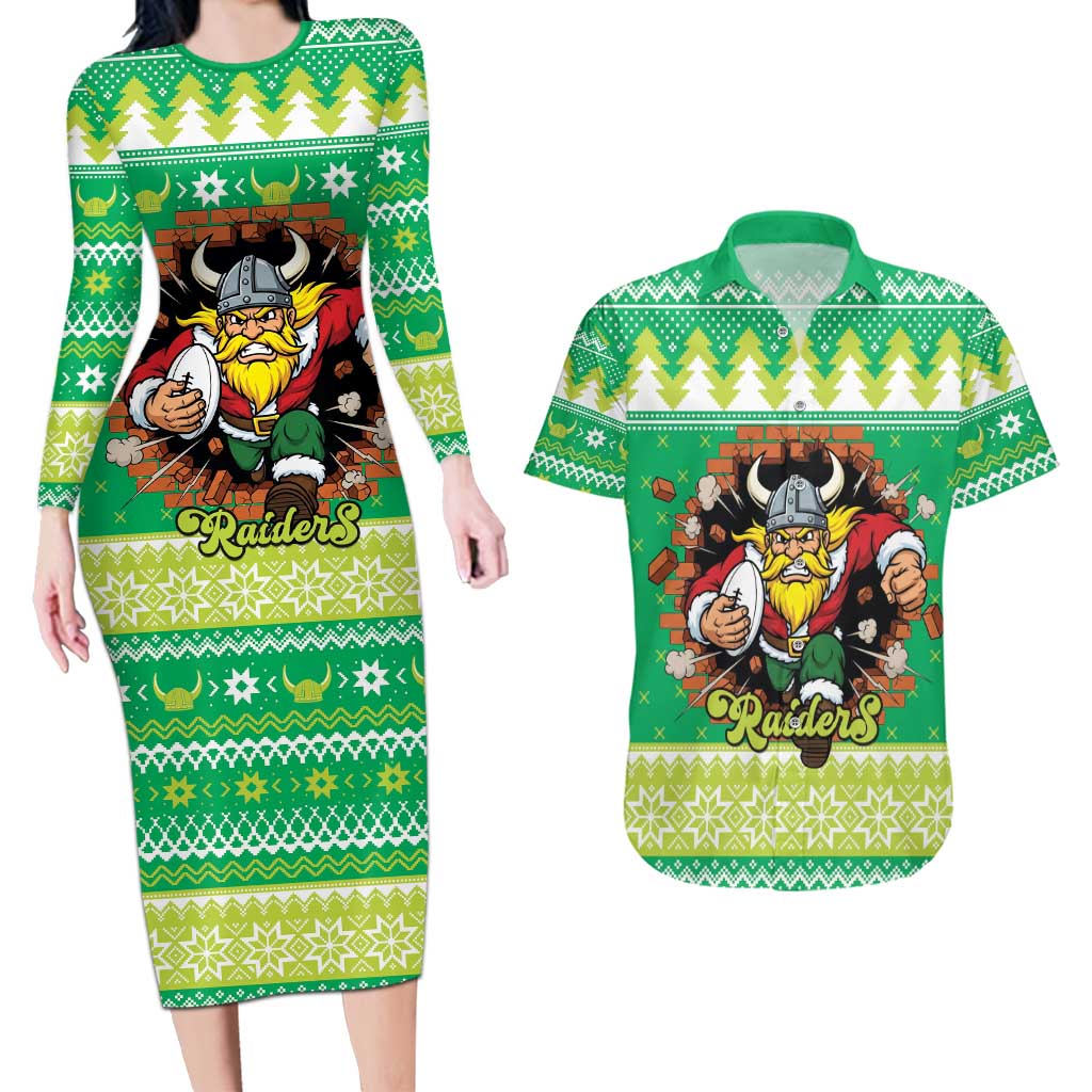 Santa Raiders Personalized Couples Matching Long Sleeve Bodycon Dress and Hawaiian Shirt Christmas Rugby League Spirit - Aussie Hoodie