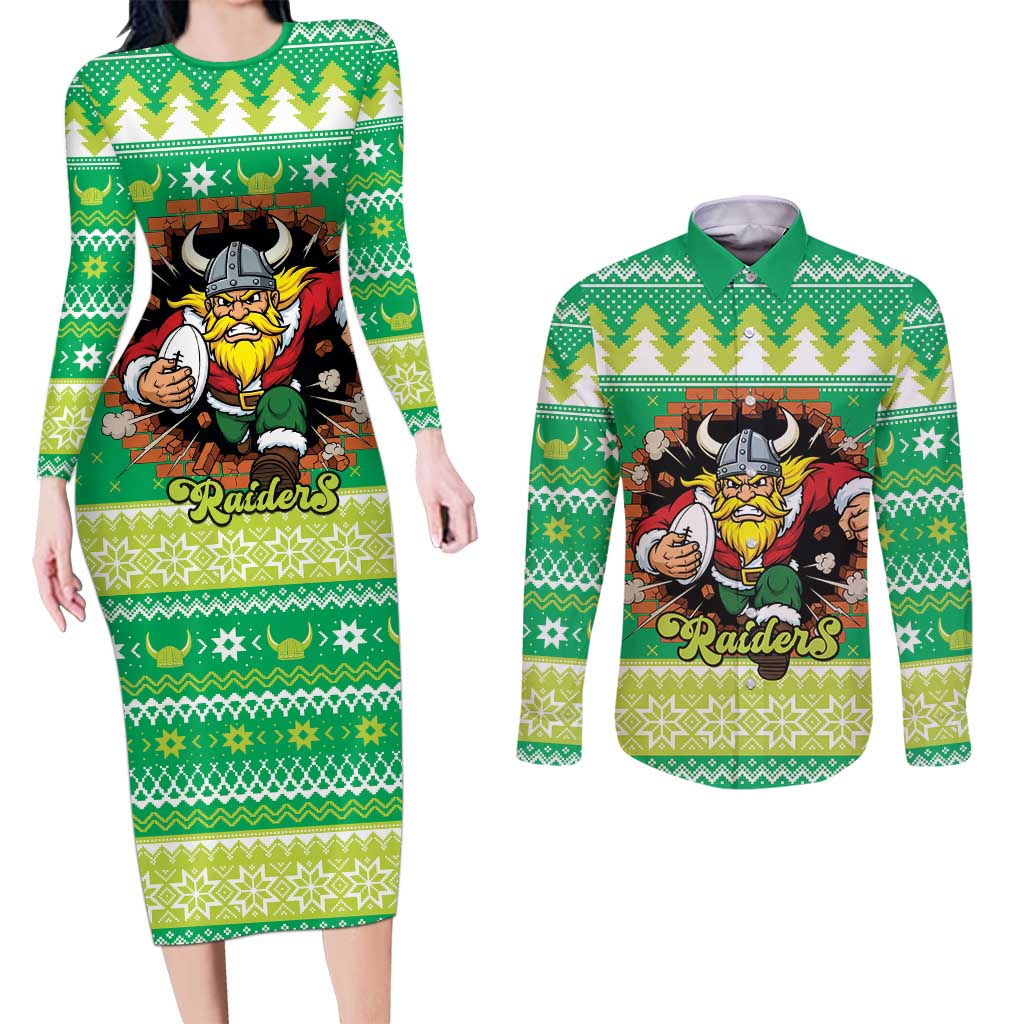 Santa Raiders Personalized Couples Matching Long Sleeve Bodycon Dress and Long Sleeve Button Shirt Christmas Rugby League Spirit - Aussie Hoodie