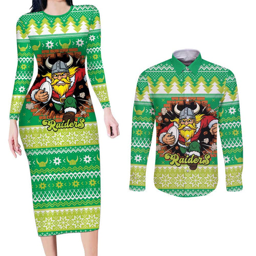 Santa Raiders Personalized Couples Matching Long Sleeve Bodycon Dress and Long Sleeve Button Shirt Christmas Rugby League Spirit - Aussie Hoodie