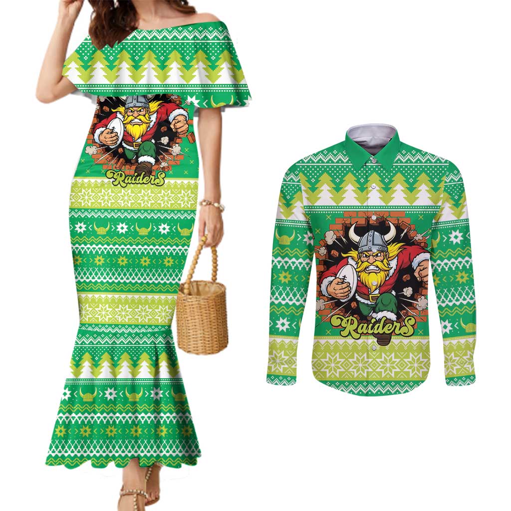 Santa Raiders Personalized Couples Matching Mermaid Dress and Long Sleeve Button Shirt Christmas Rugby League Spirit - Aussie Hoodie