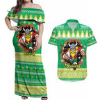 Santa Raiders Personalized Couples Matching Off Shoulder Maxi Dress and Hawaiian Shirt Christmas Rugby League Spirit - Aussie Hoodie