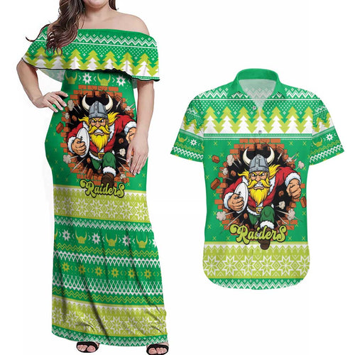 Santa Raiders Personalized Couples Matching Off Shoulder Maxi Dress and Hawaiian Shirt Christmas Rugby League Spirit - Aussie Hoodie