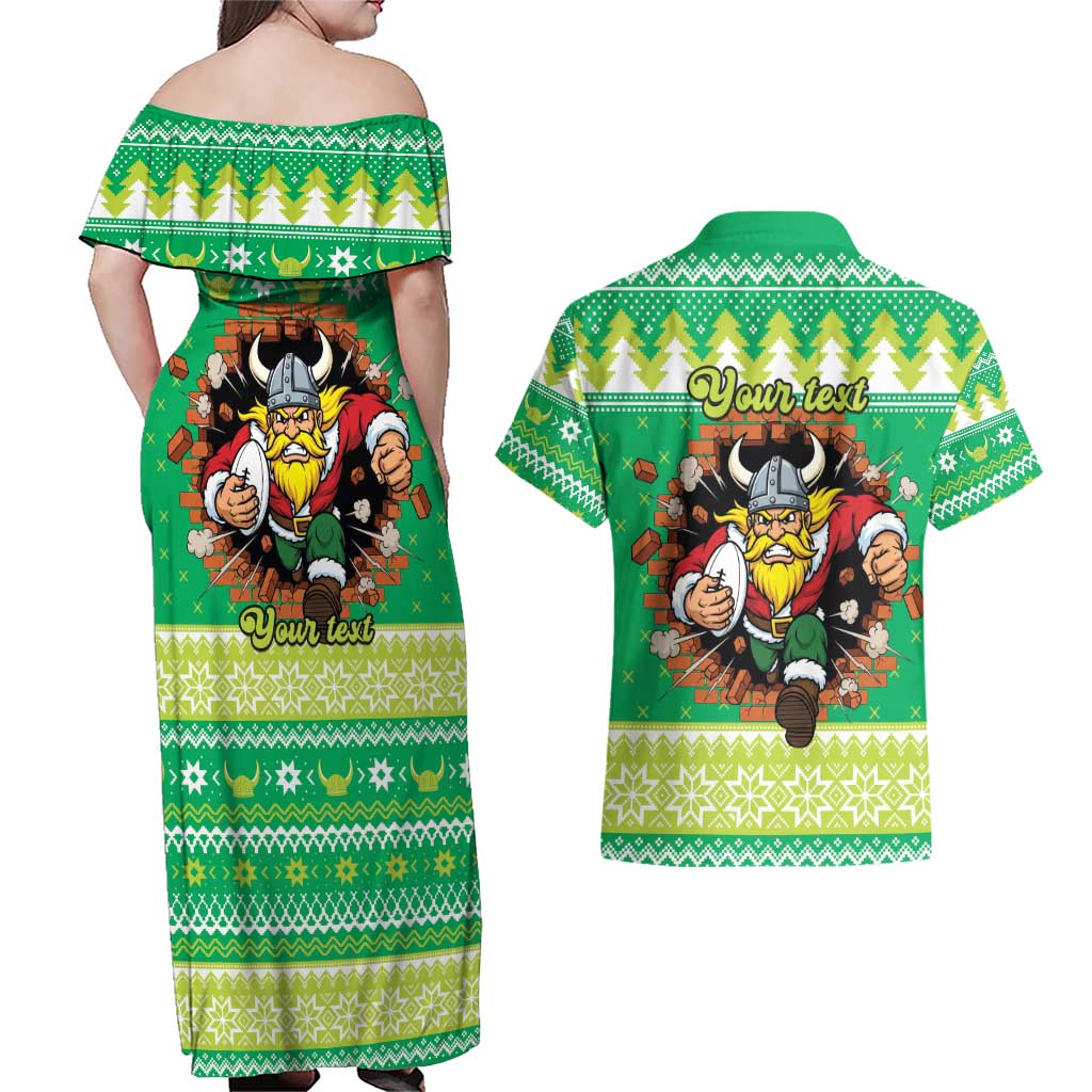 Santa Raiders Personalized Couples Matching Off Shoulder Maxi Dress and Hawaiian Shirt Christmas Rugby League Spirit - Aussie Hoodie