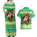 Santa Raiders Personalized Couples Matching Off Shoulder Maxi Dress and Hawaiian Shirt Christmas Rugby League Spirit - Aussie Hoodie