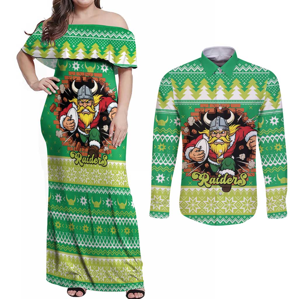 Santa Raiders Personalized Couples Matching Off Shoulder Maxi Dress and Long Sleeve Button Shirt Christmas Rugby League Spirit - Aussie Hoodie