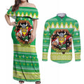 Santa Raiders Personalized Couples Matching Off Shoulder Maxi Dress and Long Sleeve Button Shirt Christmas Rugby League Spirit - Aussie Hoodie