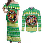 Santa Raiders Personalized Couples Matching Off Shoulder Maxi Dress and Long Sleeve Button Shirt Christmas Rugby League Spirit - Aussie Hoodie