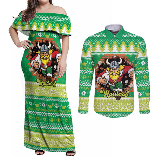 Santa Raiders Personalized Couples Matching Off Shoulder Maxi Dress and Long Sleeve Button Shirt Christmas Rugby League Spirit - Aussie Hoodie