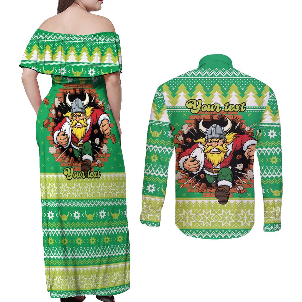 Santa Raiders Personalized Couples Matching Off Shoulder Maxi Dress and Long Sleeve Button Shirt Christmas Rugby League Spirit - Aussie Hoodie