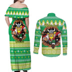 Santa Raiders Personalized Couples Matching Off Shoulder Maxi Dress and Long Sleeve Button Shirt Christmas Rugby League Spirit - Aussie Hoodie