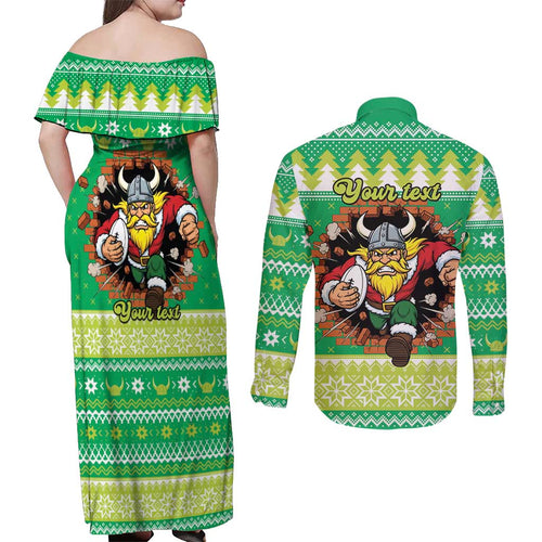 Santa Raiders Personalized Couples Matching Off Shoulder Maxi Dress and Long Sleeve Button Shirt Christmas Rugby League Spirit - Aussie Hoodie