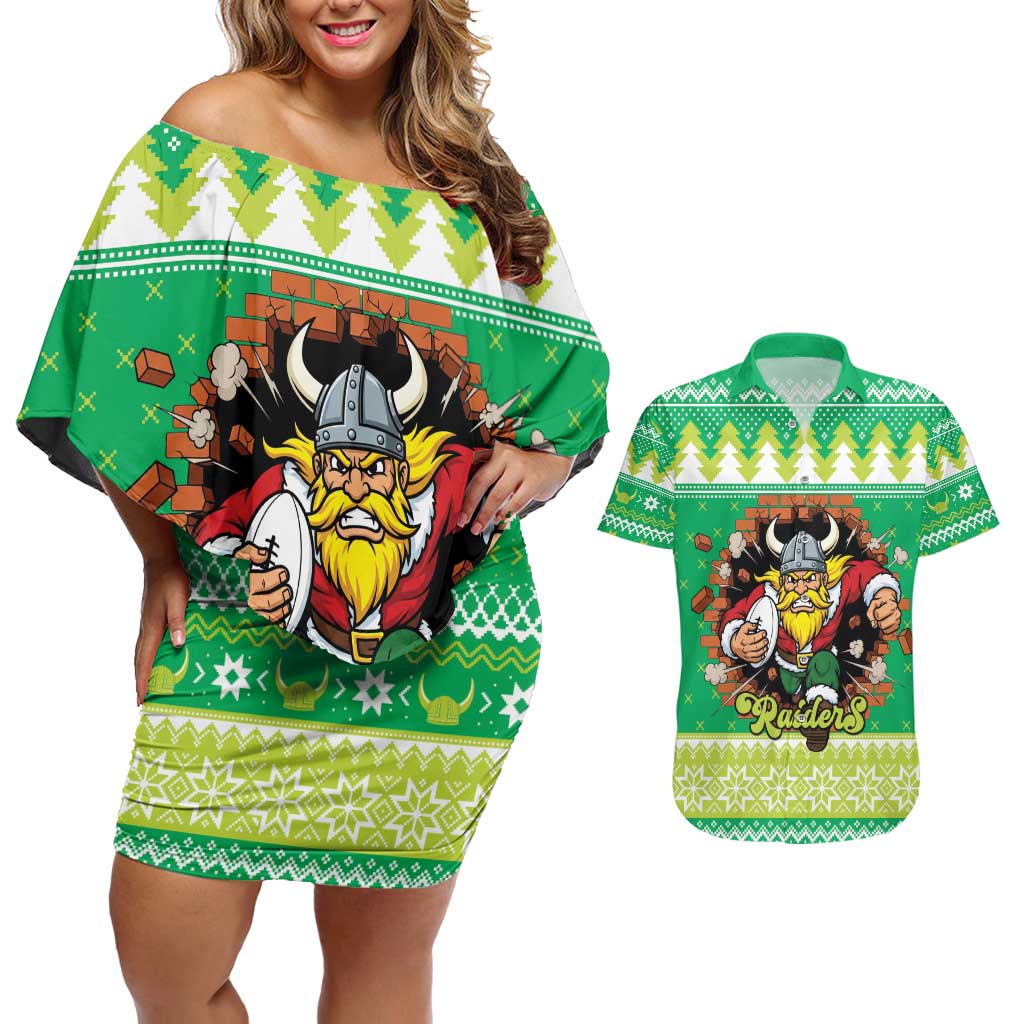 Santa Raiders Personalized Couples Matching Off Shoulder Short Dress and Hawaiian Shirt Christmas Rugby League Spirit - Aussie Hoodie
