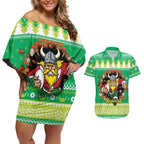 Santa Raiders Personalized Couples Matching Off Shoulder Short Dress and Hawaiian Shirt Christmas Rugby League Spirit - Aussie Hoodie