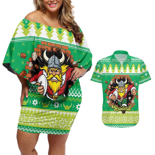 Santa Raiders Personalized Couples Matching Off Shoulder Short Dress and Hawaiian Shirt Christmas Rugby League Spirit - Aussie Hoodie