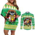 Santa Raiders Personalized Couples Matching Off Shoulder Short Dress and Long Sleeve Button Shirt Christmas Rugby League Spirit - Aussie Hoodie