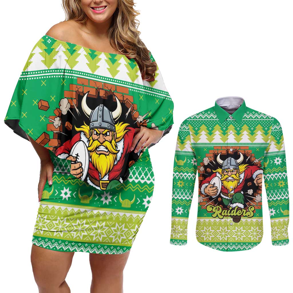 Santa Raiders Personalized Couples Matching Off Shoulder Short Dress and Long Sleeve Button Shirt Christmas Rugby League Spirit - Aussie Hoodie