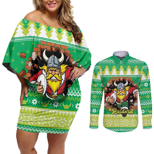 Santa Raiders Personalized Couples Matching Off Shoulder Short Dress and Long Sleeve Button Shirt Christmas Rugby League Spirit - Aussie Hoodie