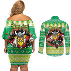 Santa Raiders Personalized Couples Matching Off Shoulder Short Dress and Long Sleeve Button Shirt Christmas Rugby League Spirit - Aussie Hoodie
