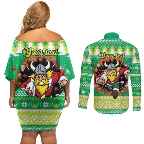Santa Raiders Personalized Couples Matching Off Shoulder Short Dress and Long Sleeve Button Shirt Christmas Rugby League Spirit - Aussie Hoodie