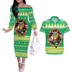 Santa Raiders Personalized Couples Matching Off The Shoulder Long Sleeve Dress and Hawaiian Shirt Christmas Rugby League Spirit - Aussie Hoodie