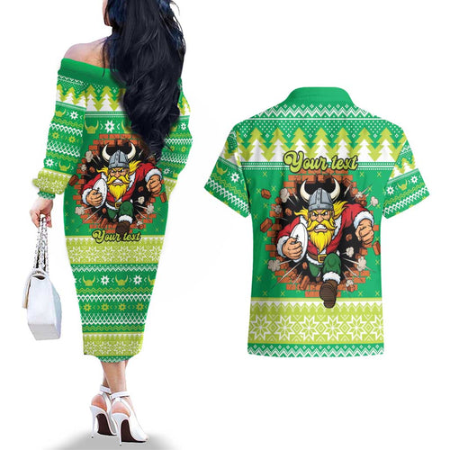 Santa Raiders Personalized Couples Matching Off The Shoulder Long Sleeve Dress and Hawaiian Shirt Christmas Rugby League Spirit - Aussie Hoodie