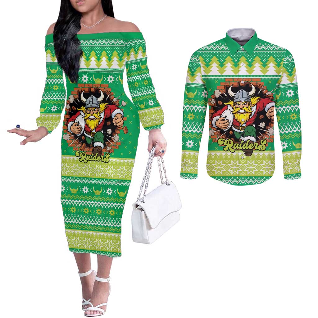 Santa Raiders Personalized Couples Matching Off The Shoulder Long Sleeve Dress and Long Sleeve Button Shirt Christmas Rugby League Spirit - Aussie Hoodie