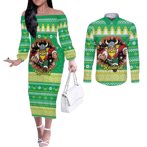 Santa Raiders Personalized Couples Matching Off The Shoulder Long Sleeve Dress and Long Sleeve Button Shirt Christmas Rugby League Spirit - Aussie Hoodie