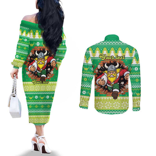Santa Raiders Personalized Couples Matching Off The Shoulder Long Sleeve Dress and Long Sleeve Button Shirt Christmas Rugby League Spirit - Aussie Hoodie