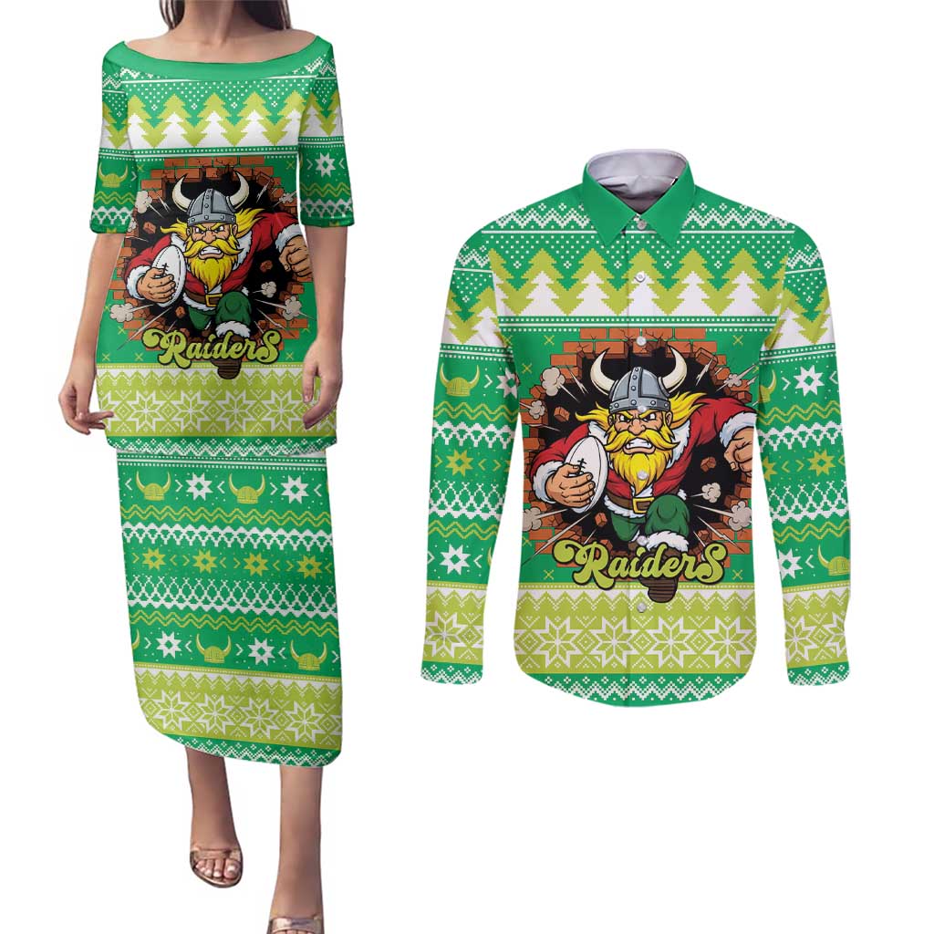 Santa Raiders Personalized Couples Matching Puletasi and Long Sleeve Button Shirt Christmas Rugby League Spirit - Aussie Hoodie